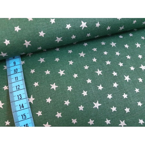 Bavlnené plátno bavlna zelené vianoce strieborná potlač hviezdy (Strieborná na zelenej)
