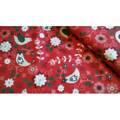 Dizajnérska bavlna červené Vianoce vtáčik kvety