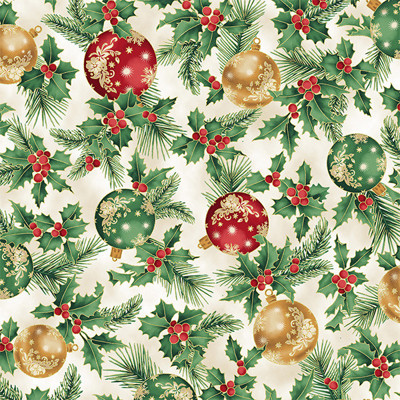Dizajnérska bavlna zelené Vianoce vianočné gule ihličie cezmína zlatá potlač (...