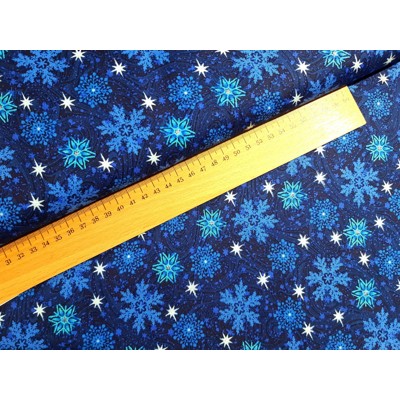 Dizajnérska vianočná bavlna plátno modré Vianoce snehové vločky strieborná pot...
