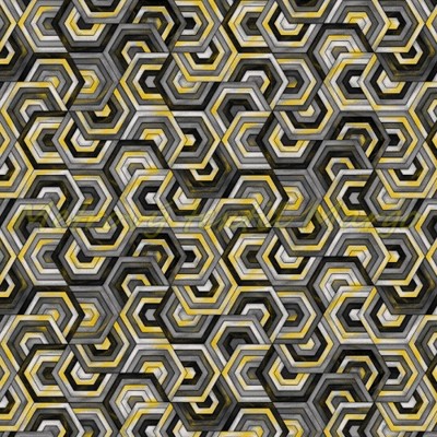 Dizajnérska bavlna plátno šesťuholníky geometrický vzor zlatá potlač