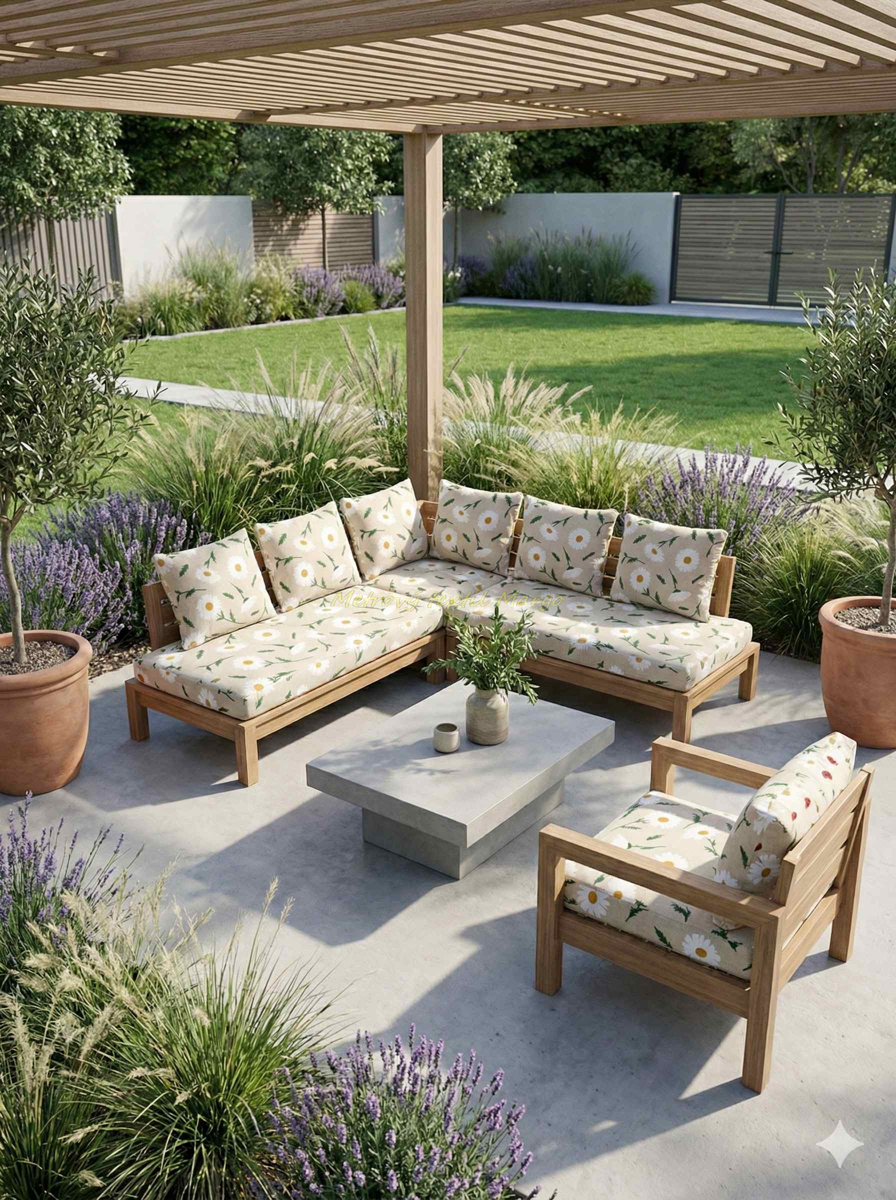 Režná dekoračka s margarétkami margo metráž, epedy na záhradný nábytok