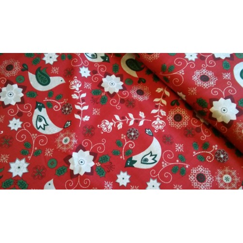 Dizajnérska bavlna červené Vianoce vtáčik kvety
