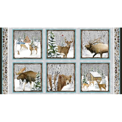 Dizajnérsky bavlnený panel Vianoce lesné zvieratá sobík les dom sneh