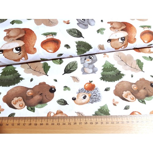Bavlnené plátno bavlna lesné zvieratká veverička medvedík ježko zajačík