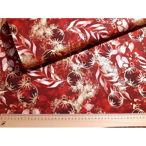 Dizajnérska bavlna plátno červené vianoce zlatá potlač vianočné gule vetvičky (Bordová)