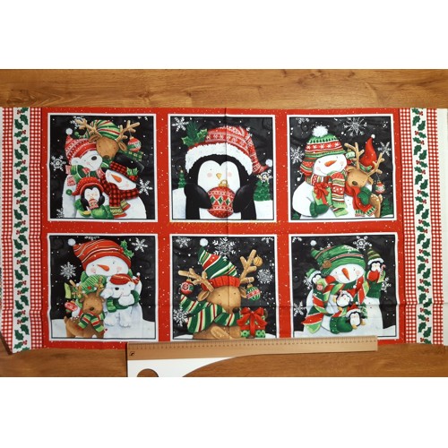 Dizajnérsky vianočný bavlnený panel vianoce vankúše snehuliak tučniačik sobík