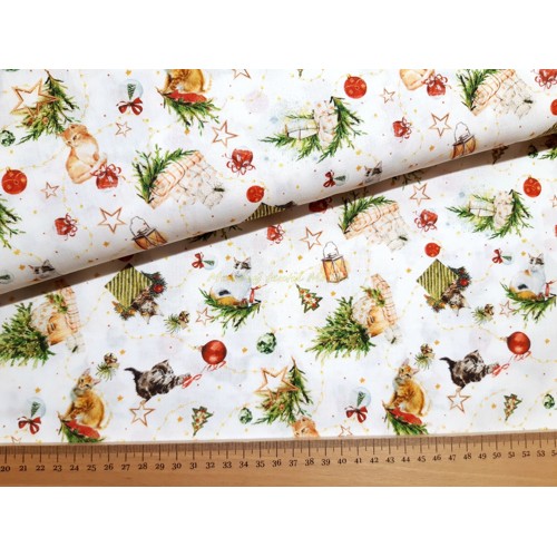 Bavlnené plátno vianočná bavlna DIGI mačky darčeky vianočný stromček