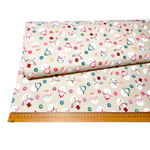 Vianočná hrubšia bavlna snehuliačik snehové vločky, režný podklad