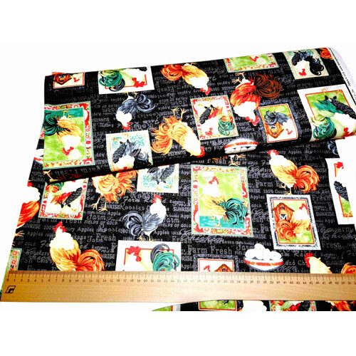 Dizajnová bavlna Kohúty na čiernom – Vajíčka a text | Kreativcentrum Margo