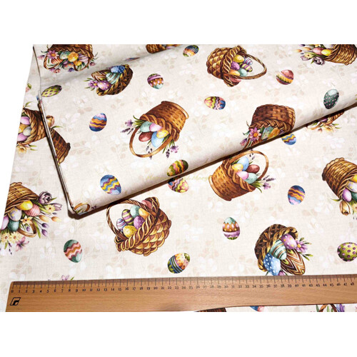 Veľkonočná dekoračná látka, košíky s vajíčkami na režnej | Kreativcentrum Margo