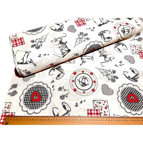 Dekoračná látka s kávovým motívom, mlynček a srdiečka | Kreativcentrum Margo