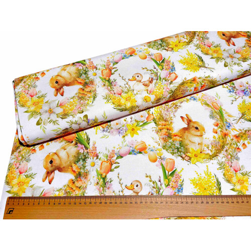 teflónova obrusovina dekoračná látka s veľkonočným motívom kvetov, zajačíka a kačičky. žltá červená oranžová zelená jarný vzor, margo metráž