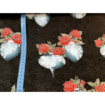 Dizajnérska bavlna vianoce vianočne gule ruže strieborná potlač