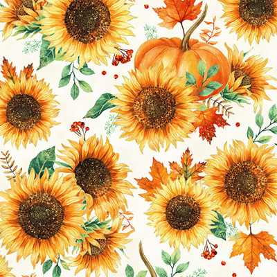 Dizajnérska bavlna jeseň tekvice listy slnečnice zlatá potlač