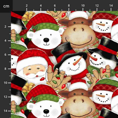 Dizajnérska bavlna plátno červené vianoce detský vzor snehuliak sobík, medvedí...