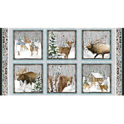 Dizajnérsky bavlnený panel Vianoce lesné zvieratá sobík les dom sneh