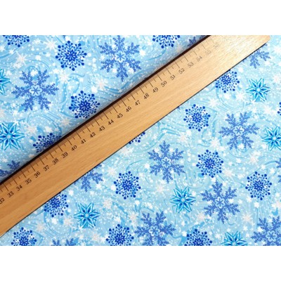 Dizajnérska vianočná bavlna plátno modré Vianoce snehové vločky strieborná pot...