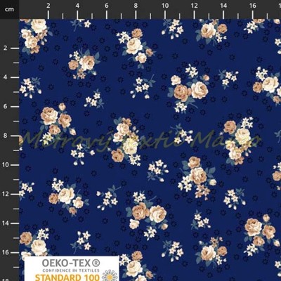 Dizajnérska bavlna plátno kvety ruže (Modrá)