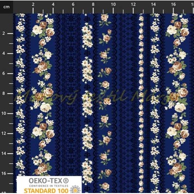 Dizajnérska bavlna plátno ruže kvety pásy (Modrá v pruhoch)
