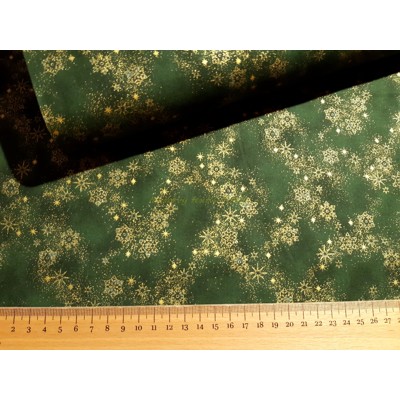 Dizajnérska bavlna plátno zelené vianoce zlatá potlač snehové vločky hviezdičk...