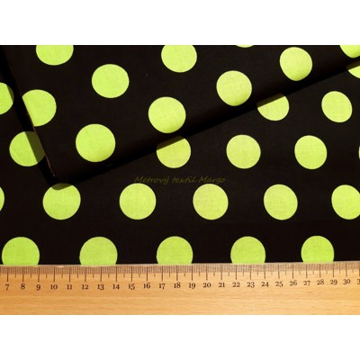 Dizajnérska bavlna plátno zelená väčšia bodka na čiernej
