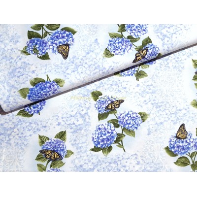 Dizajnérska bavlna plátno kvety hortenzia motýle
