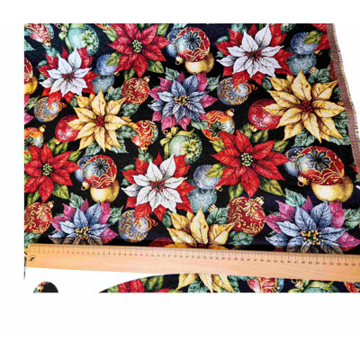 Gobelín vianoce zlatý lurex vianočná ruža zlaté a červené vianoce čierny podkl...