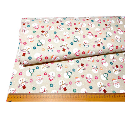 Vianočná hrubšia bavlna snehuliačik snehové vločky, režný podklad