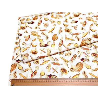 Bavlnené plátno vzor pečivo a chlieb, vanilkový podklad | Kreativcentrum Margo