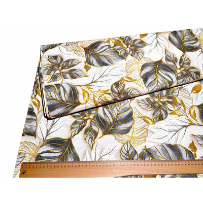 Dekoračná látka vzor listy, šedo-okrová | Kreativcentrum Margo