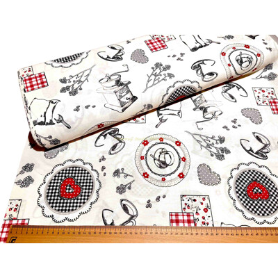 Dekoračná látka s kávovým motívom, mlynček a srdiečka | Kreativcentrum Margo