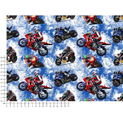 Bavlnený úplet Motorky (modrý podklad) 0,9m | Kreativcentrum Margo